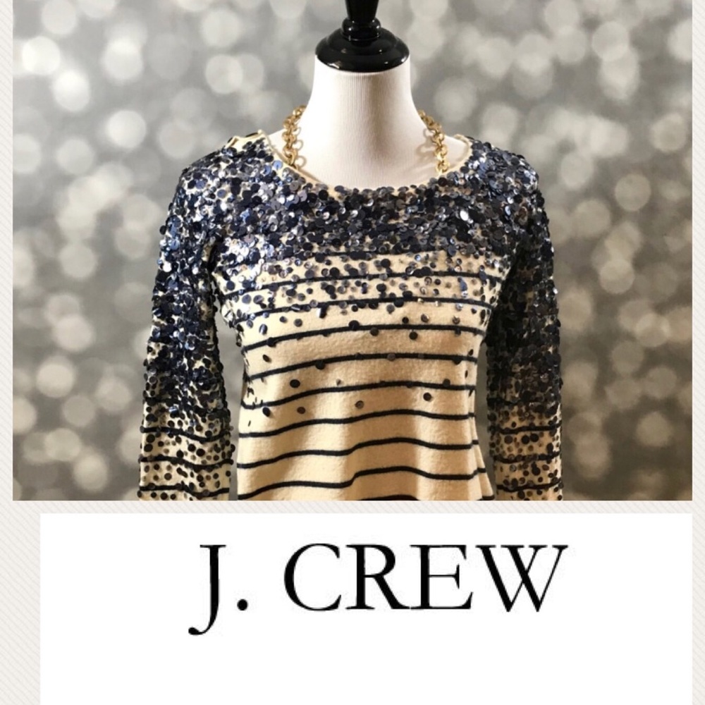 J. Crew cream and blue sparkle sweater